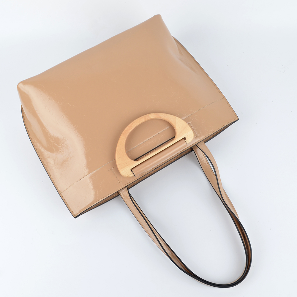 Beige Color Classy Tote Bag with Wood Handle